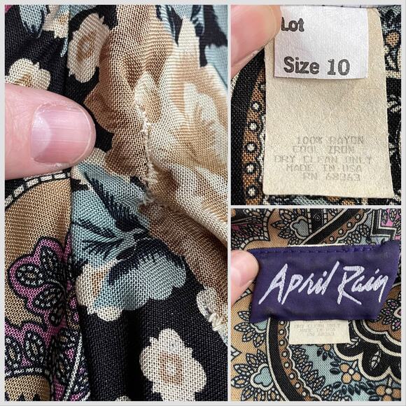 Vintage Faux Patchwork Print Dress, 1990s Bohemian Rayon Midi, Sz M April Rain - Picture 9 of 13